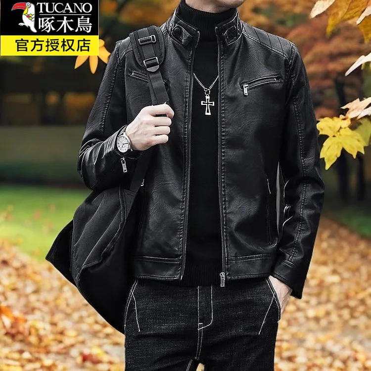 啄木鸟春秋海宁皮衣商务帅气男时尚休闲薄款潮流加绒修身翻领上衣