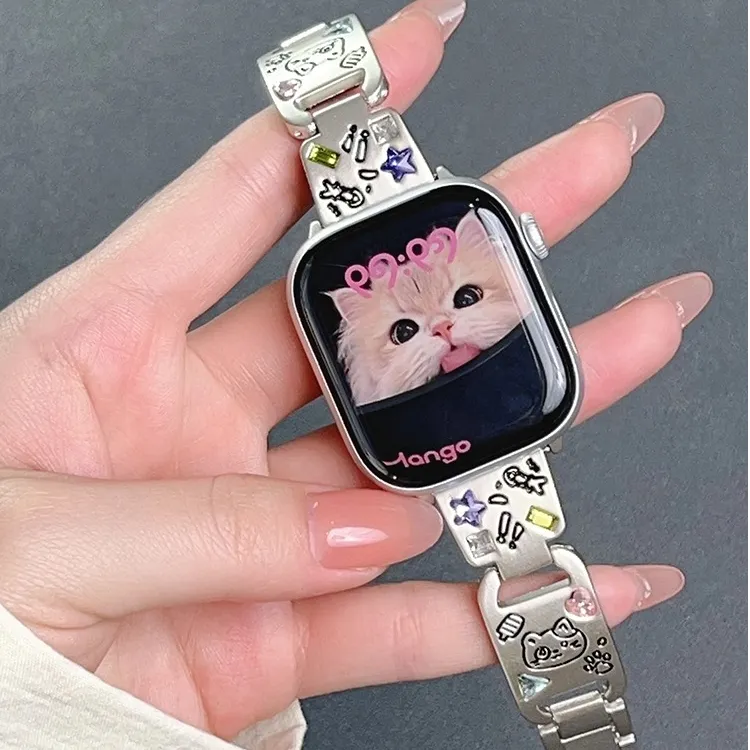 【彩钻涂鸦猫咪】适用苹果表带applewatchS10金属可爱镭雕小猫s10
