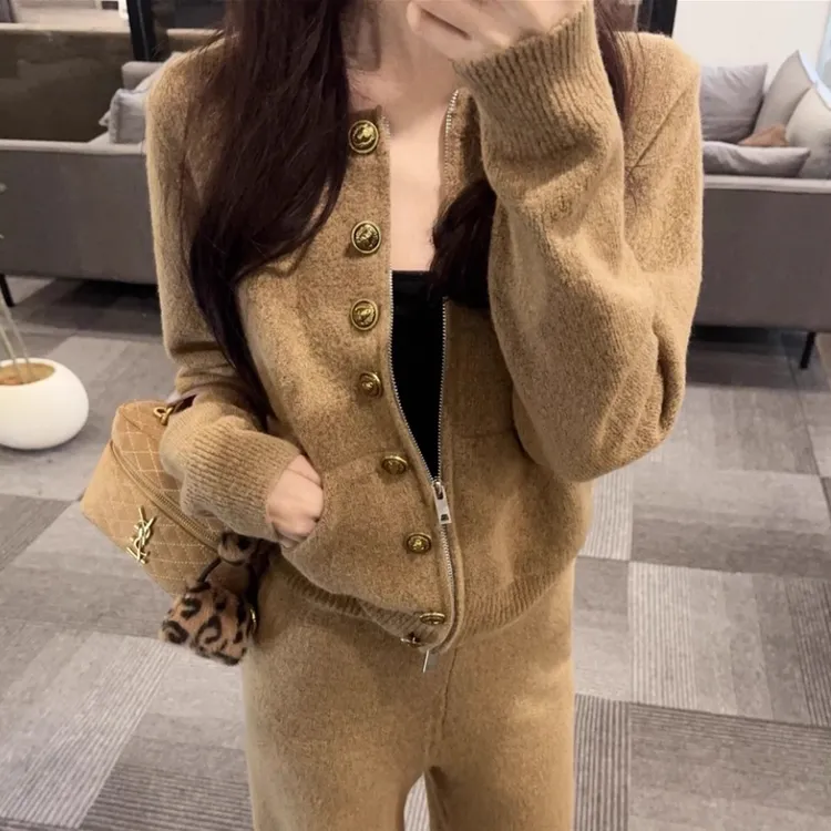 2025新款秋冬时尚气质宽松版休闲慵懒风加厚针织开衫休闲裤两件套