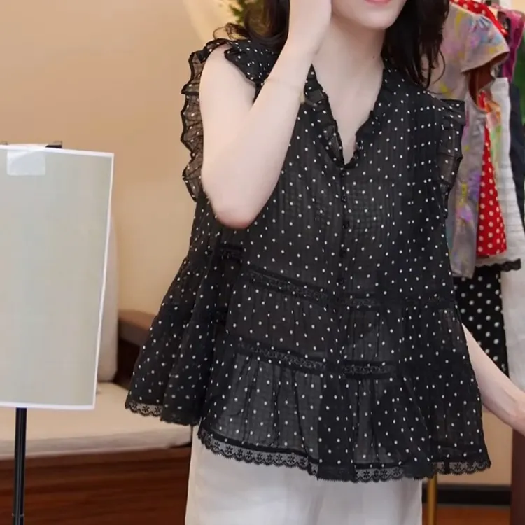2025夏季新款设计感百搭法式V领波点木耳边衬衫LK2504408