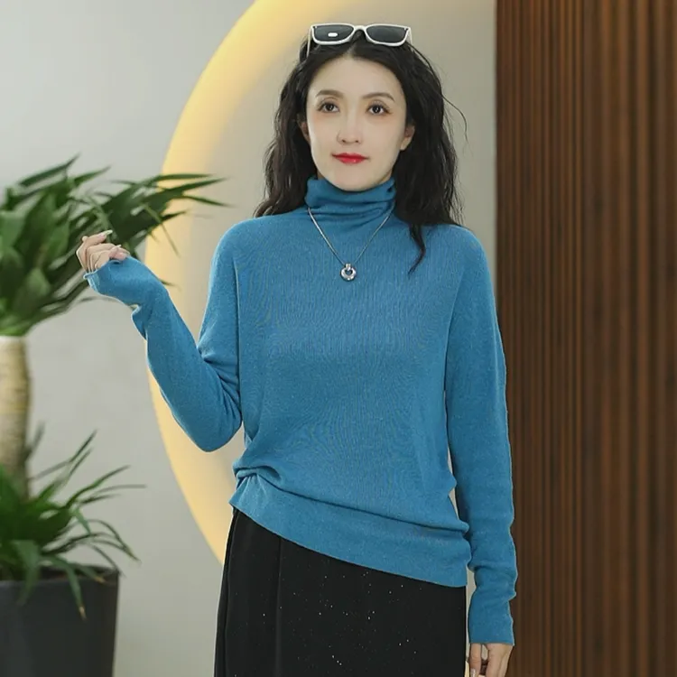 点子纱绵羊毛打底衫女堆堆领百搭弹力显瘦针织衫彩点秋季上衣T恤