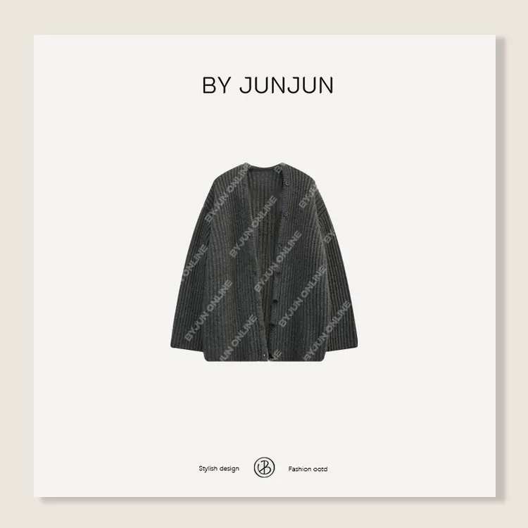 Byjunjun 北海道花纱绵羊毛开衫日系复古竖坑条针织保暖开衫