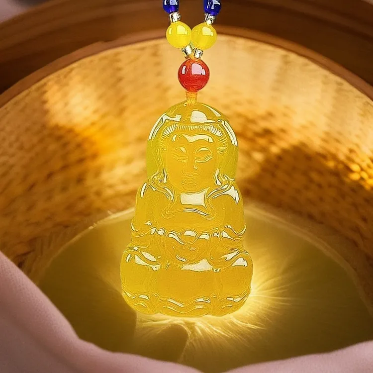 满蜜鸡油黄龙玉大观音俏色黄观音吊坠(配珠链)项链吊坠带证书礼盒
