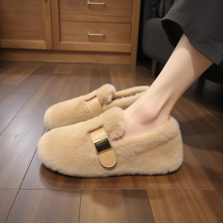 水貂绒毛毛鞋女冬季外穿一脚蹬豆豆鞋加绒高级感欧货孕妇软底棉鞋