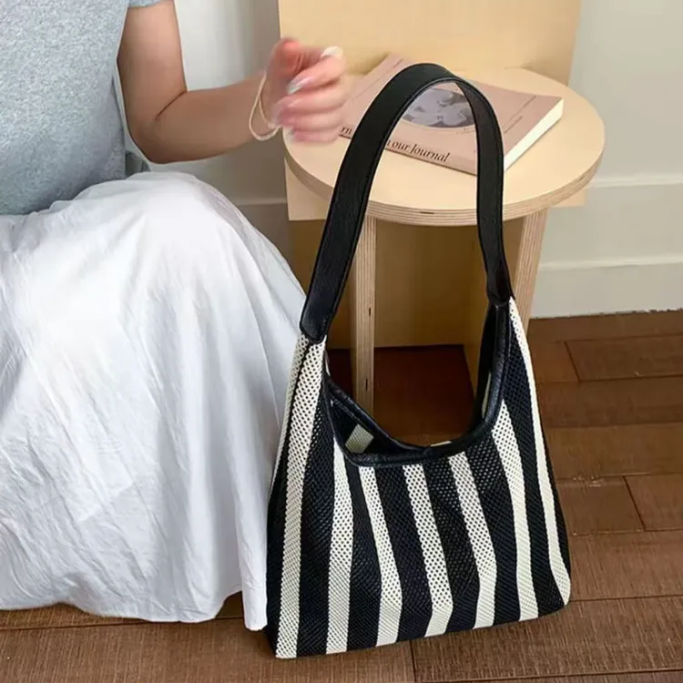 黑白条纹编织包女2025新款夏季慵懒风托特包大容量通勤百搭单肩包