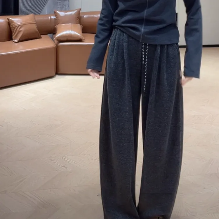 2025秋冬加绒松紧腰复古慵懒感抽绳卫裤 显瘦百搭时尚直筒裤