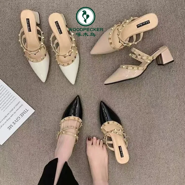 啄木鸟小香风铆钉高跟鞋女包头半拖鞋外穿时尚2025柳丁尖头凉拖鞋