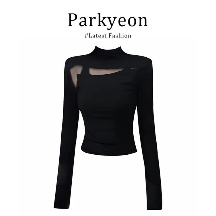 半高领网纱拼接长袖打底T恤女秋季辣妹风显瘦设计感上衣