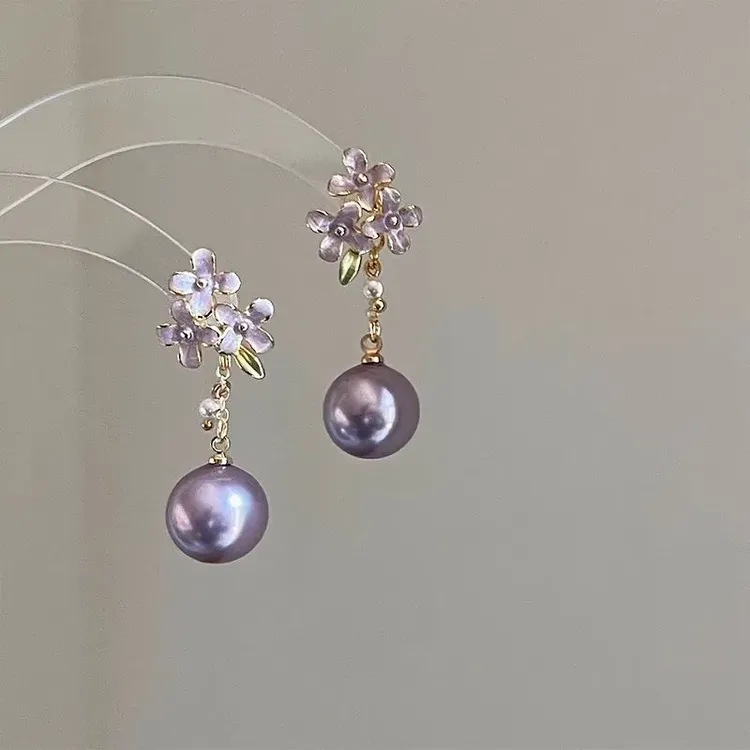 铜合金耳饰 法式紫色两戴耳钉滴釉小花耳环精致高级耳饰小众设计