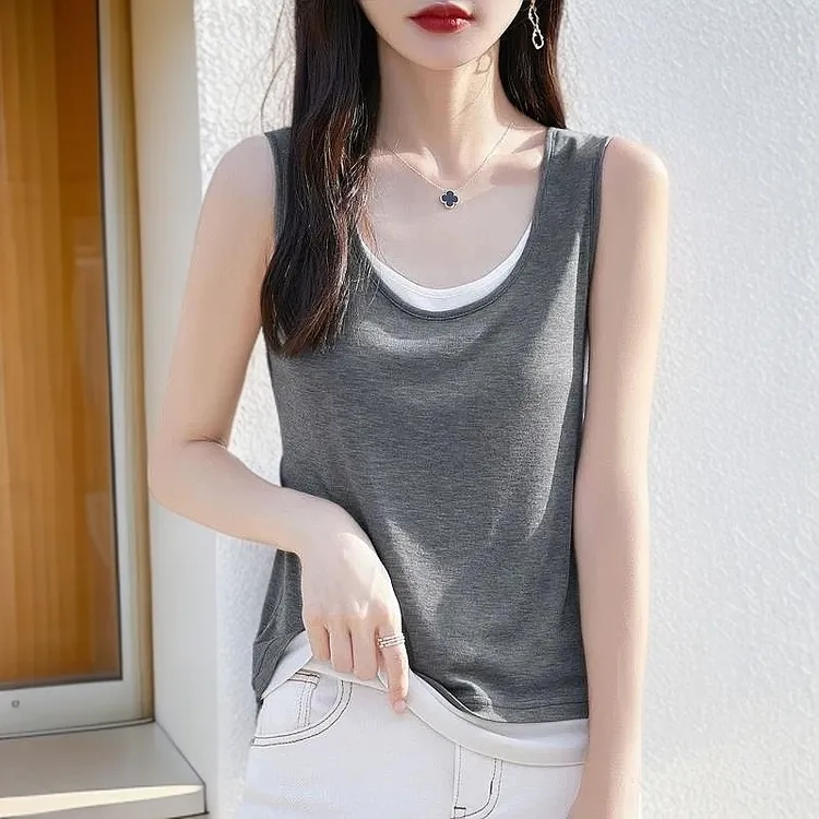 拉夏贝尔大码假两件撞色吊带背心女春夏季设计感外穿内搭无袖上衣