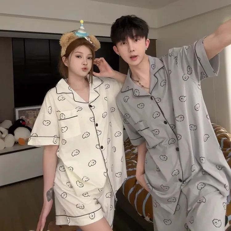 【短袖情侣细纱绵】夏季潮牌情侣大码睡衣网红外出短袖睡衣女家居服