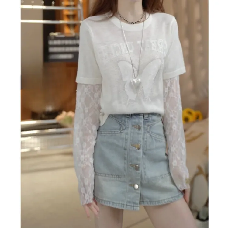 夏季新款蝴蝶长袖假两件拼接T恤+百搭显瘦牛仔裤裙LK2504752