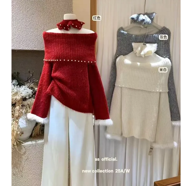一字翻领毛毛袖圣诞红色毛衣女冬露肩长袖针织上衣