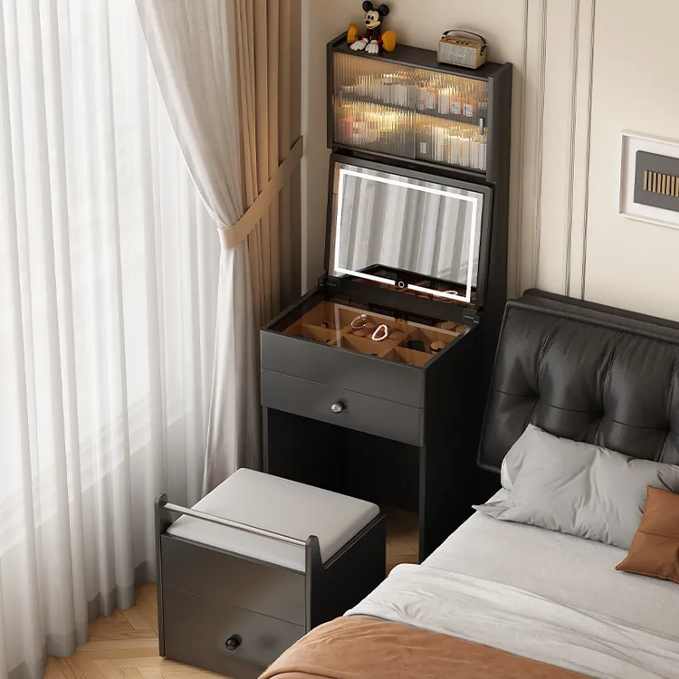 佐诗顿意式极简主卧小型梳妆台迷你高端黑色复古实木转角化妆桌