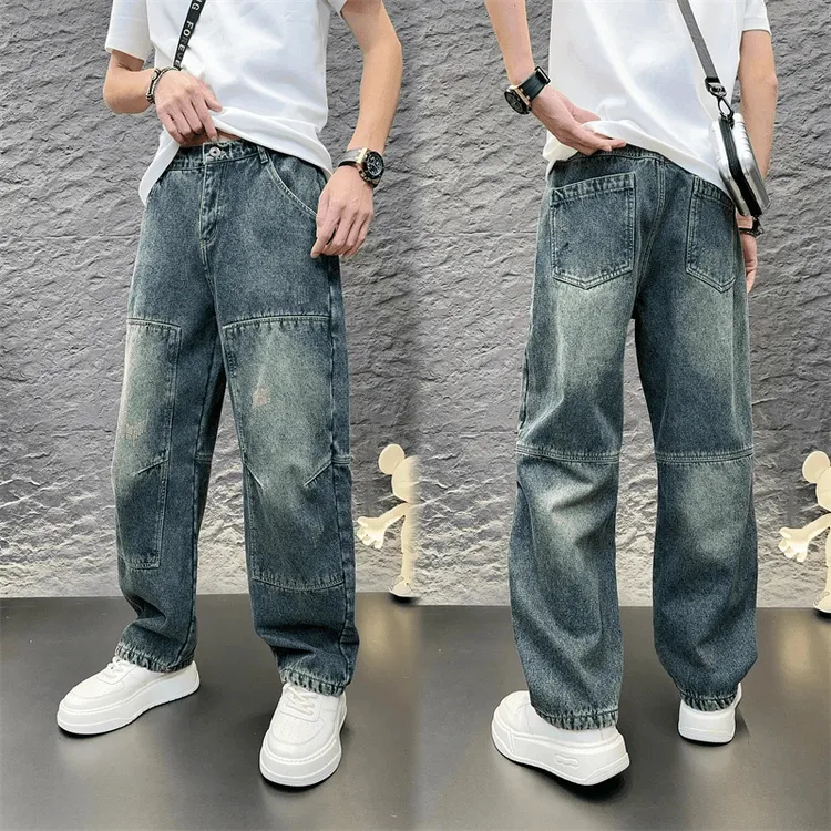 BOF男士复古牛仔裤拼接渐变色宽松直筒裤春秋潮流港风百搭休闲裤
