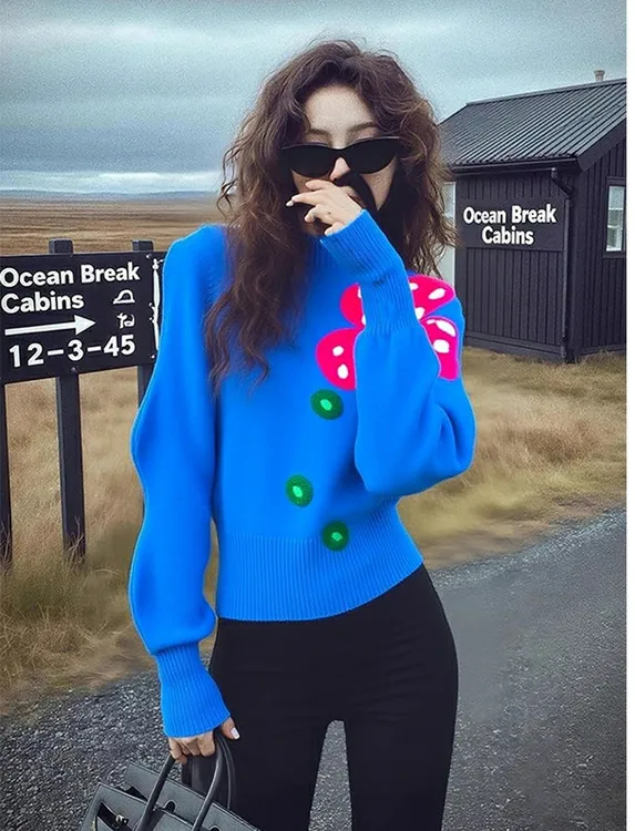 2025冬季软糯慵懒风上衣高级感超好看法式别致独特蓝色花朵毛衣女