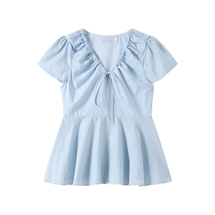 法式大码设计感泡泡袖减龄百搭短袖衬衫女夏时尚V领法式小衫上衣