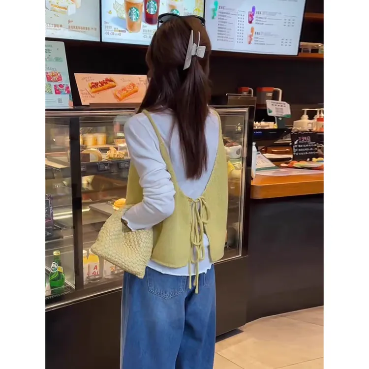 韩版叠穿后绑带针织马甲外套女2025秋季新款时髦洋气减龄无袖背心
