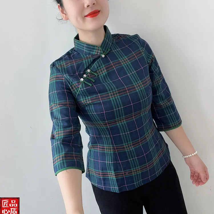 傲雪原创国风中袖七分袖上衣女士文艺复古中式格子旗袍上衣唐装女