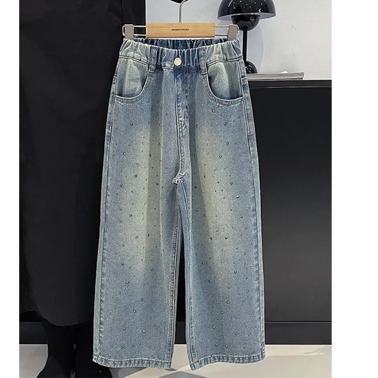 女童牛仔裤春秋长裤中腰牛仔裤休闲潮流直筒裤宽松牛仔裤高腰夏季