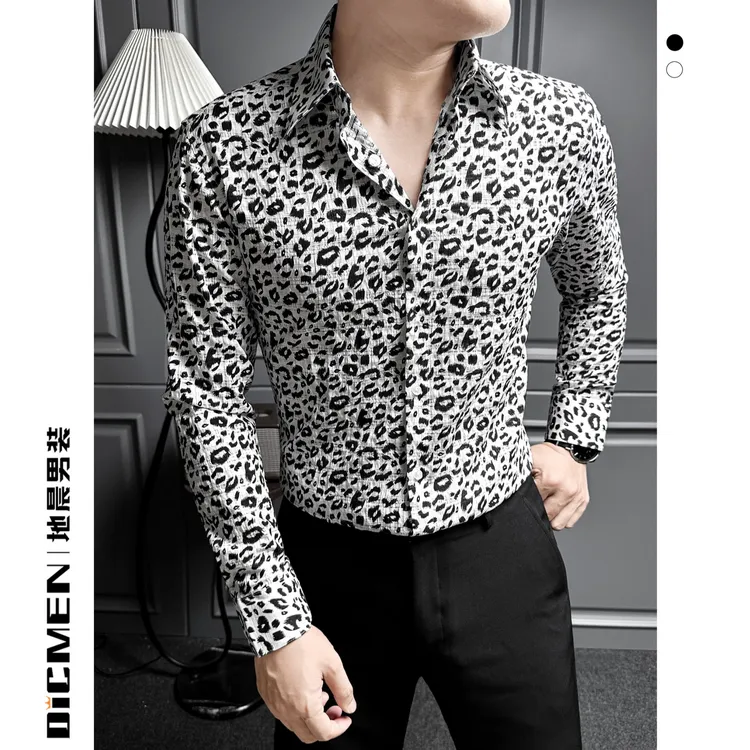 老钱风质感豹纹衬衫男长袖爆款2025新款秋季痞帅修身潮流百搭衬衣