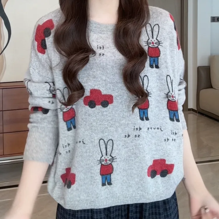 洋气减龄慵懒风宽松套头上衣女2025秋季软糯字母卡通兔子针织衫