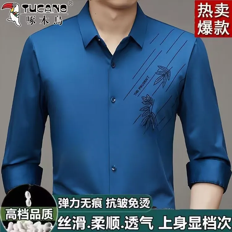 啄木鸟正品春秋衬衫男士长袖休闲无痕免烫商务高档弹力保暖衬衣