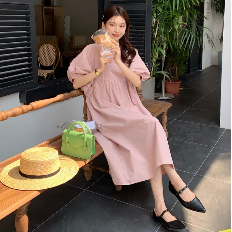 大码女装胖mm宽松遮肉韩系清新少女百搭泡泡袖背后系带减龄连衣裙