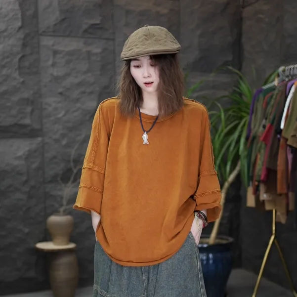 复古文艺炒色做旧宽松休闲百搭上衣女