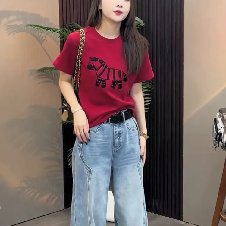 欧货刺绣小马短袖t恤女2025年新款圆领百搭减龄打底衫半袖上衣潮