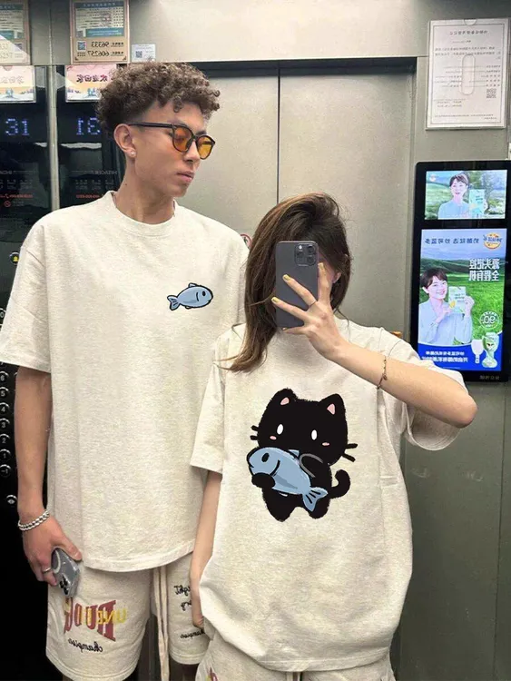 [两件装]情侣装短袖纯棉女T恤夏季2025新款宽松上衣服韩版潮流男