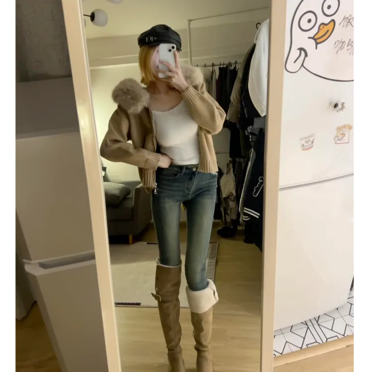 加绒加厚复古高腰小脚牛仔裤女冬季2025新款紧身修身显瘦铅笔裤