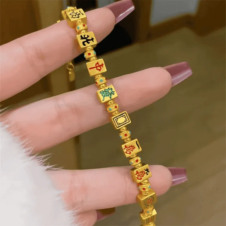足银手链 纯银999手链女款古法珐琅彩麻将金色十三幺手串520礼物