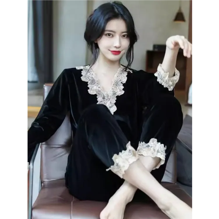 PENNSBIA宾西比亚睡衣女金丝绒性感蕾丝长袖套装秋冬款家居服套装