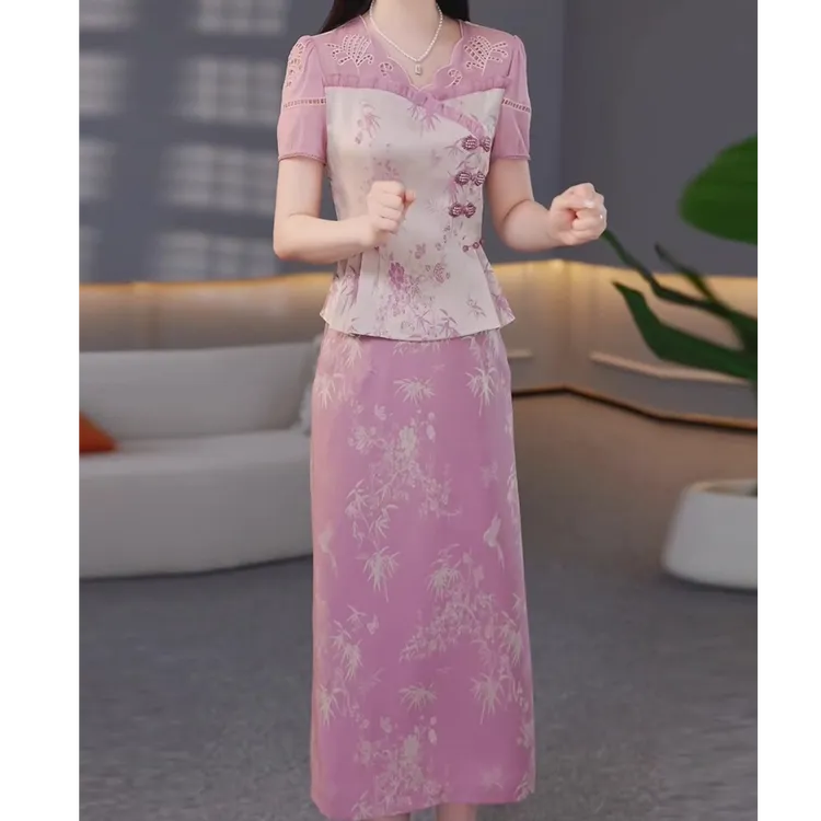 套装2025夏季新款套装裙新中式改良旗袍镂空刺绣上衣半身裙两件套