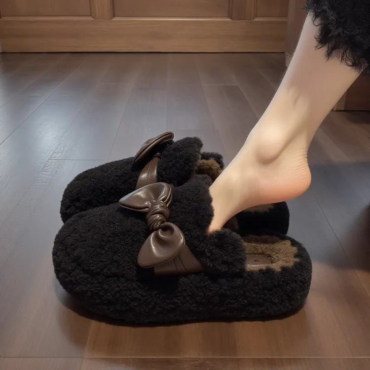 羊羔绒包头毛毛拖鞋女外穿2025狂欢新款洋气厚底蝴蝶结毛拖鞋棉鞋