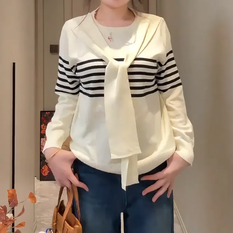 大码胖mm韩系慵懒风披肩条纹长袖针织衫女秋季遮肉显瘦打底衫上衣