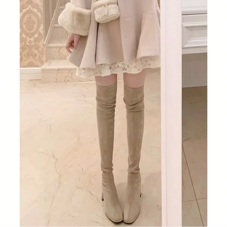 过膝长靴女2025新款秋冬方头粗跟高筒弹力绒面长筒靴高跟瘦瘦靴子