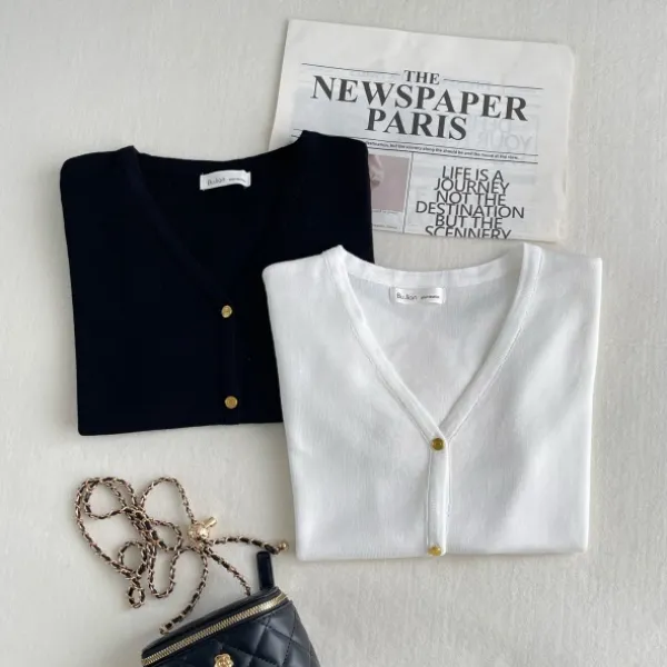 法式冰丝短款针织开衫女春夏季薄款气质金扣V领软糯白色短袖上衣