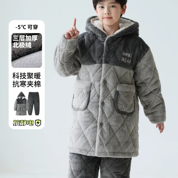 儿童睡衣男童冬季珊瑚绒三层夹棉加厚加绒中长款中大童男孩家居服