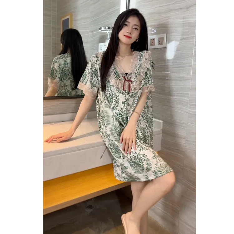 短袖印花卡通中长裙成人睡裙小众复古夏装方领