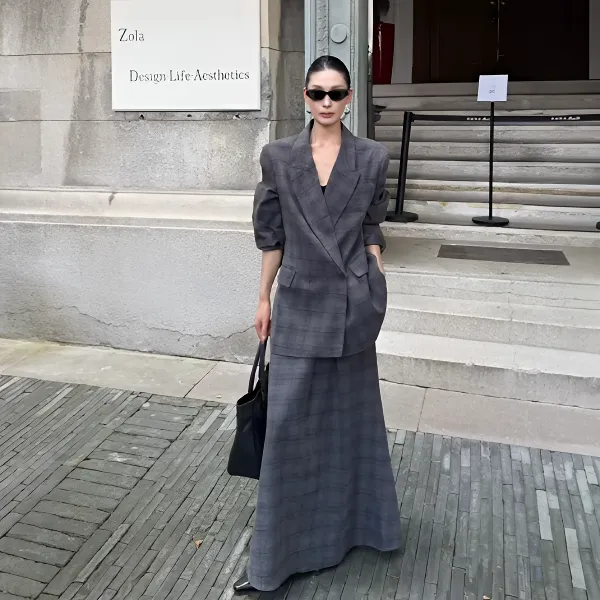 复古大码灰色格纹西装套装裙女2025新款廓形西服外套半身裙两件套