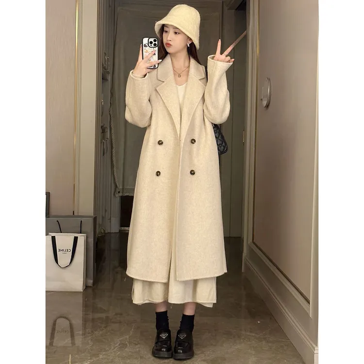 燕麦色双面毛呢大衣女2025秋冬新款韩版宽松中长款毛呢外套时尚女
