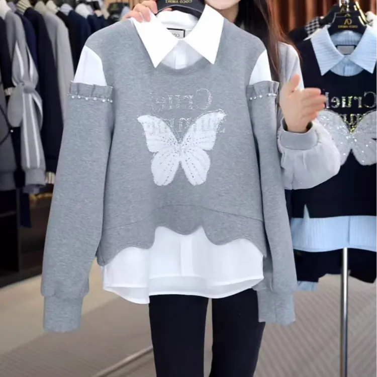 2025秋冬新款重工烫钻蝴蝶拼接假两件加绒保暖百搭减龄长袖卫衣女