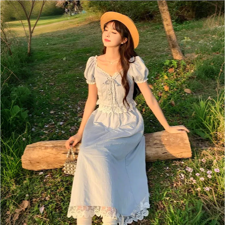 温柔甜美蕾丝边泡泡袖上衣2025夏季新款设计感花边高腰半身裙套装