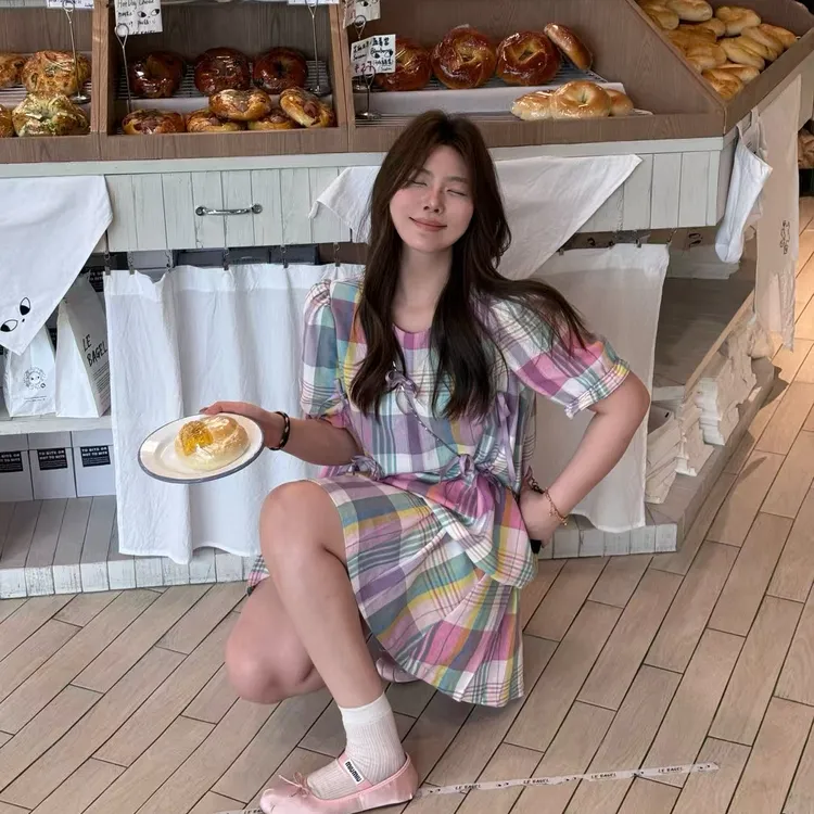 晶咕软软【夏日马卡龙】法式少女风设计感格纹立体蝴蝶结短