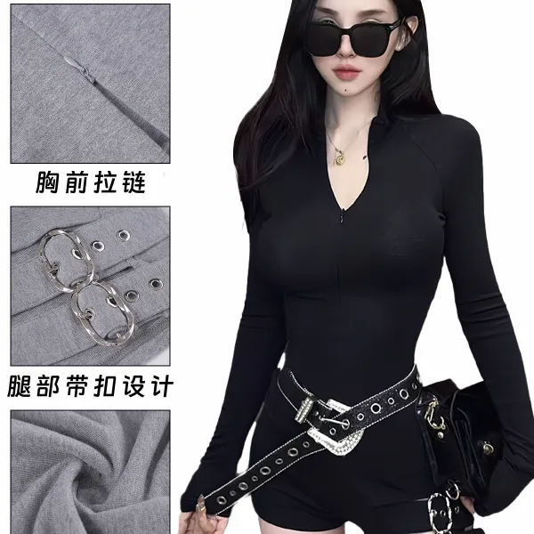 龙牙童推荐【连体裤】显瘦连体裤长袖紧身高腰黑色不规则修身包臀