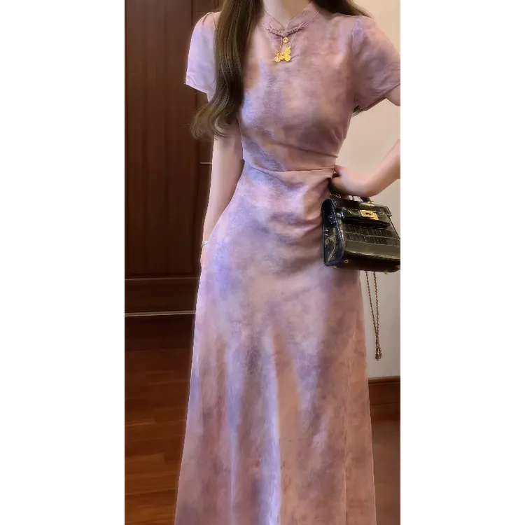新中式国风设计感紫藤花晕染改良旗袍连衣裙收腰系带气质长裙9271