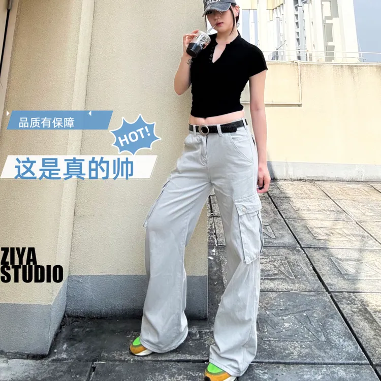 美式新款宽松工装裤夏季口袋直筒嘻哈男款男款弯刀高腰牛仔裤裤子