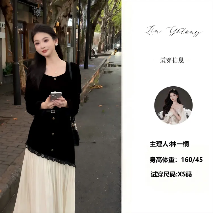 【一桐专属】【珍珠少女】拼接设计通勤小众名媛收腰连衣裙T53LQC3197